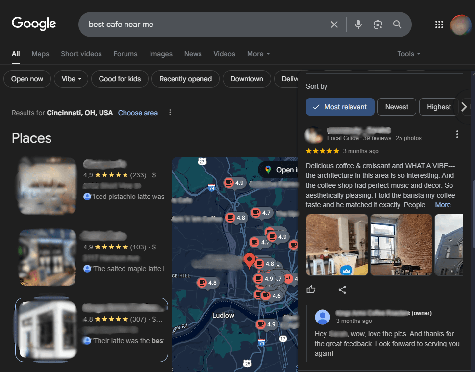 Google search results for 'best cafe near me' showing top-rated businesses with owner replies to reviews.